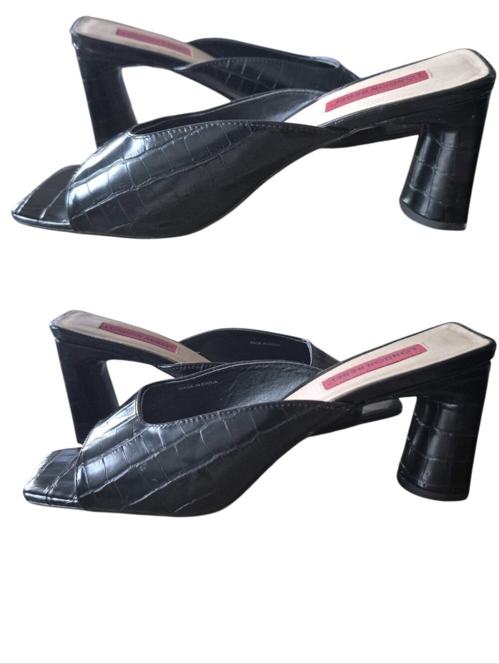 London Rebel Black Croc Embossed Square Toe Block Mule Sz 41 - Picture 5 of 6